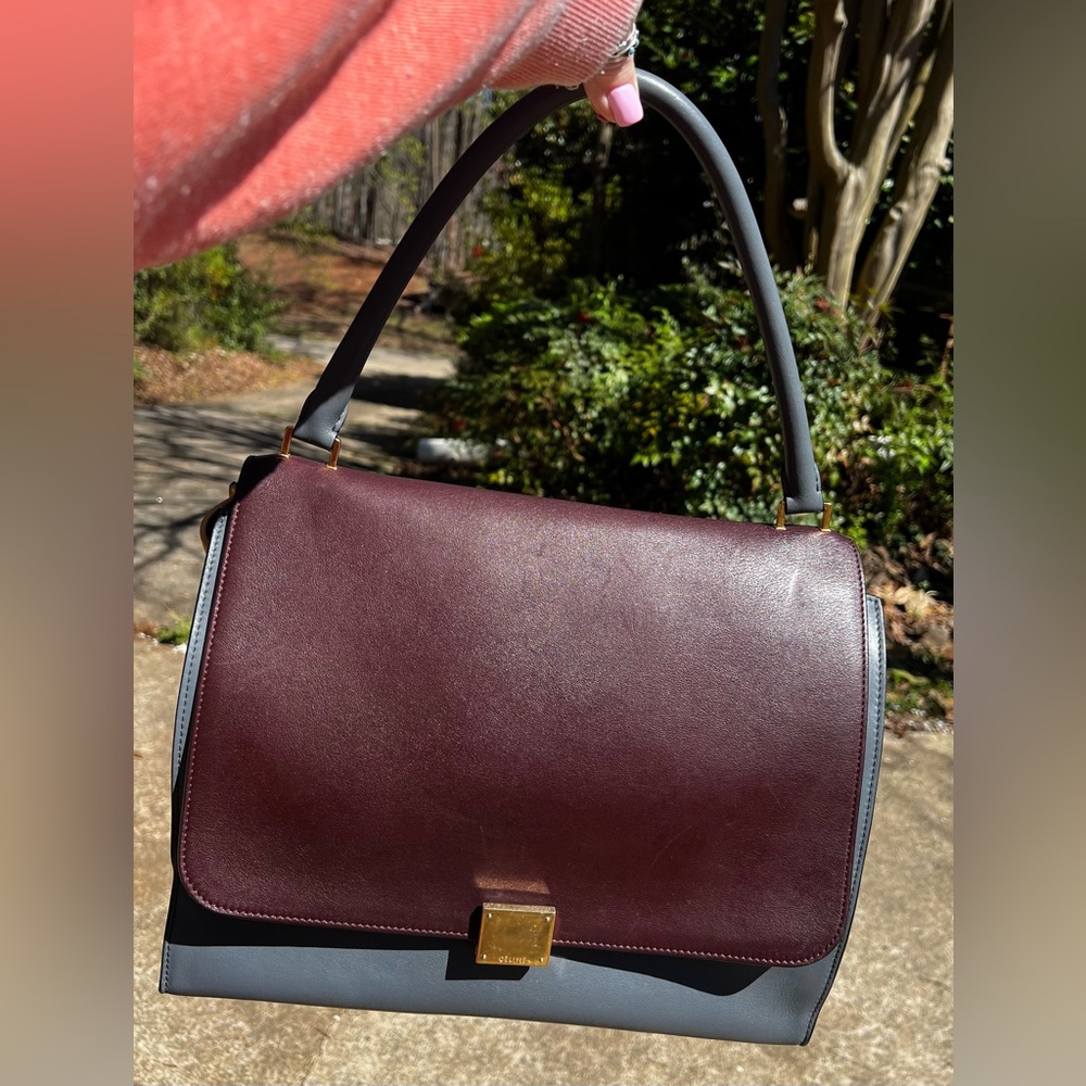 Celine Burgundy and Gray Leather Shoulder Bag